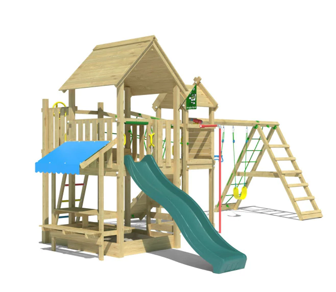 Jungle Pavillon | Spielturm aus Holz mit Schaukeln & Kletternetz Jungle Pavillon | Spielturm aus Holz mit Schaukeln & Kletternetz