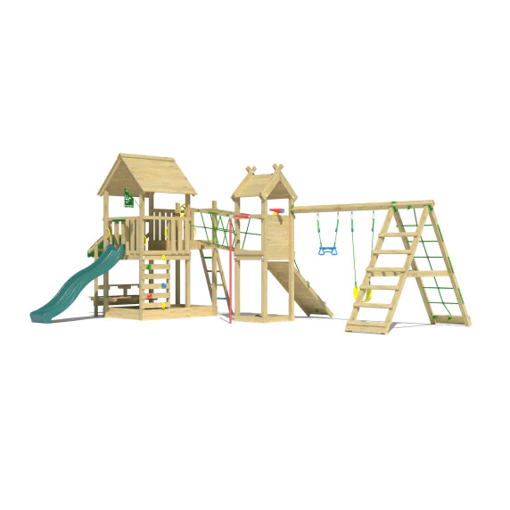 Jungle Pavillon | Spielturm aus Holz mit Schaukeln & Kletternetz Jungle Pavillon | Spielturm aus Holz mit Schaukeln & Kletternetz