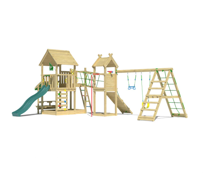 Jungle Pavillon | Spielturm aus Holz mit Schaukeln & Kletternetz Jungle Pavillon | Spielturm aus Holz mit Schaukeln & Kletternetz
