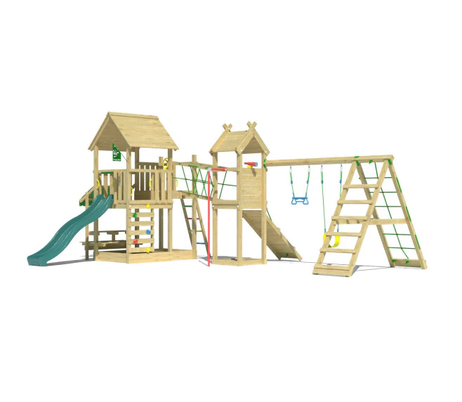 Jungle Pavillon | Spielturm aus Holz mit Schaukeln & Kletternetz Jungle Pavillon | Spielturm aus Holz mit Schaukeln & Kletternetz
