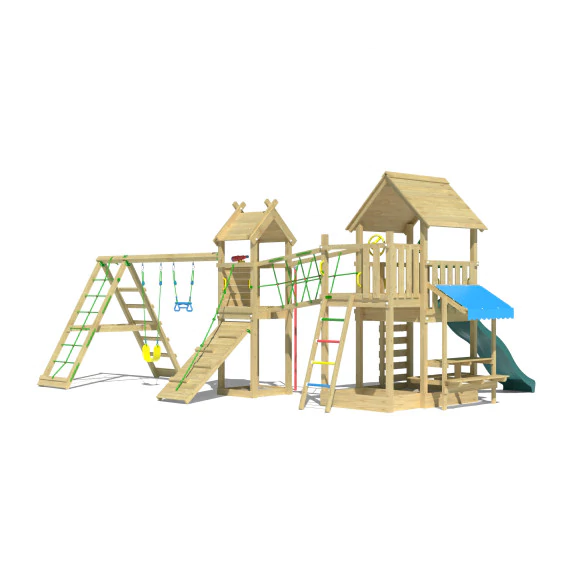 Jungle Pavillon | Spielturm aus Holz mit Schaukeln & Kletternetz Jungle Pavillon | Spielturm aus Holz mit Schaukeln & Kletternetz