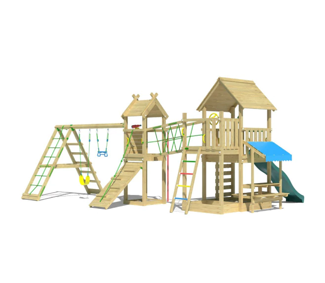 Jungle Pavillon | Spielturm aus Holz mit Schaukeln & Kletternetz Jungle Pavillon | Spielturm aus Holz mit Schaukeln & Kletternetz