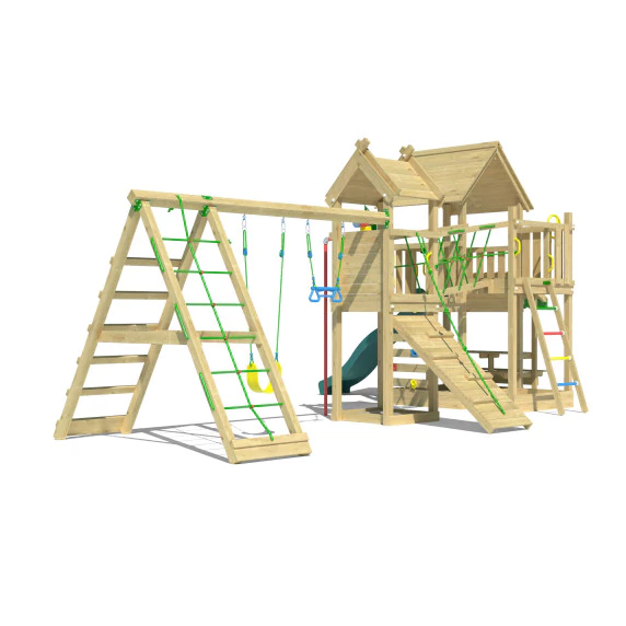 Jungle Pavillon | Spielturm aus Holz mit Schaukeln & Kletternetz Jungle Pavillon | Spielturm aus Holz mit Schaukeln & Kletternetz