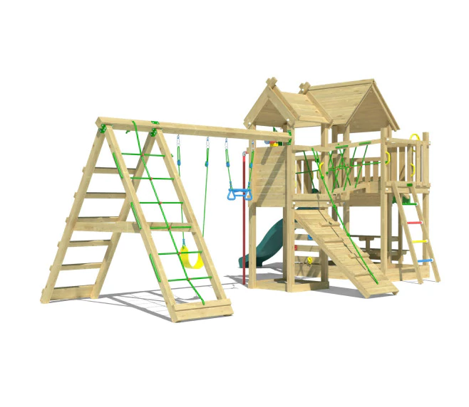 Jungle Pavillon | Spielturm aus Holz mit Schaukeln & Kletternetz Jungle Pavillon | Spielturm aus Holz mit Schaukeln & Kletternetz