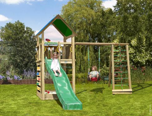 Jungle Lodge | Spielturm aus Holz mit Schaukel & Kletternetz