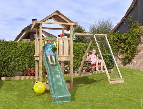 Jungle House | Spielturm aus Holz mit Schaukel & Kletternetz