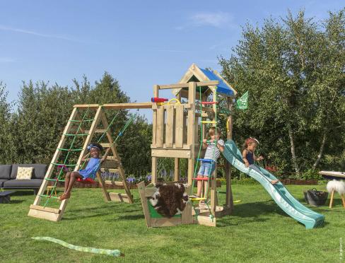 Jungle Viking | Spielturm aus Holz mit Schaukel & Kletternetz