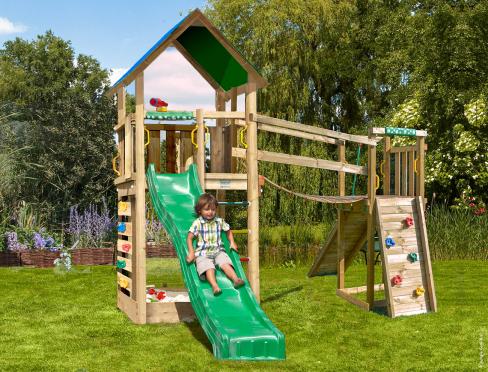 Jungle Lodge | Spielturm aus Holz mit Rutsche & Wackelbrücke
